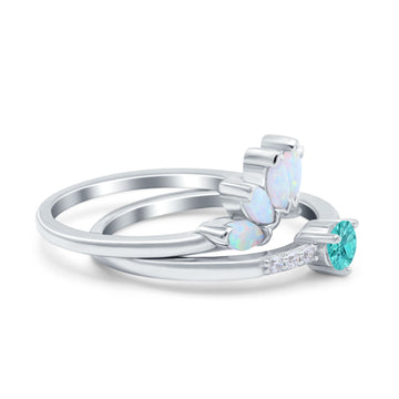 Two Piece Bridal Art Deco Wedding Ring Round Simulated Paraiba Tourmaline CZ 925 Sterling Silver